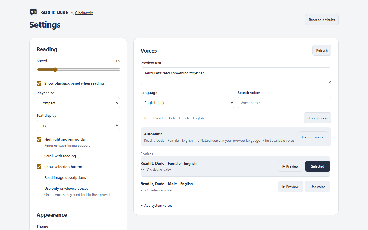 Read It, Dude Settings with language filtering, voice previews, and a selected female English voice