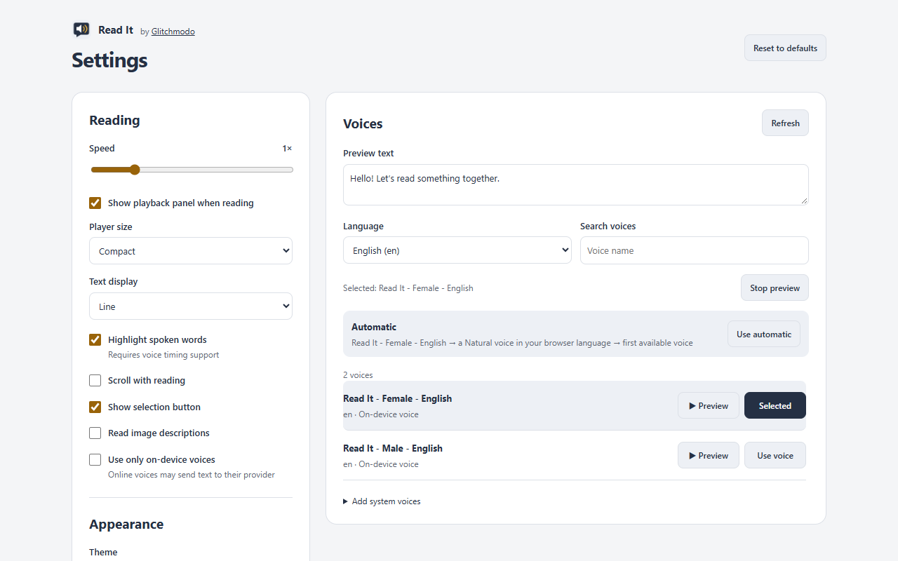 Read It Settings with language filtering, voice previews, and a selected female English voice